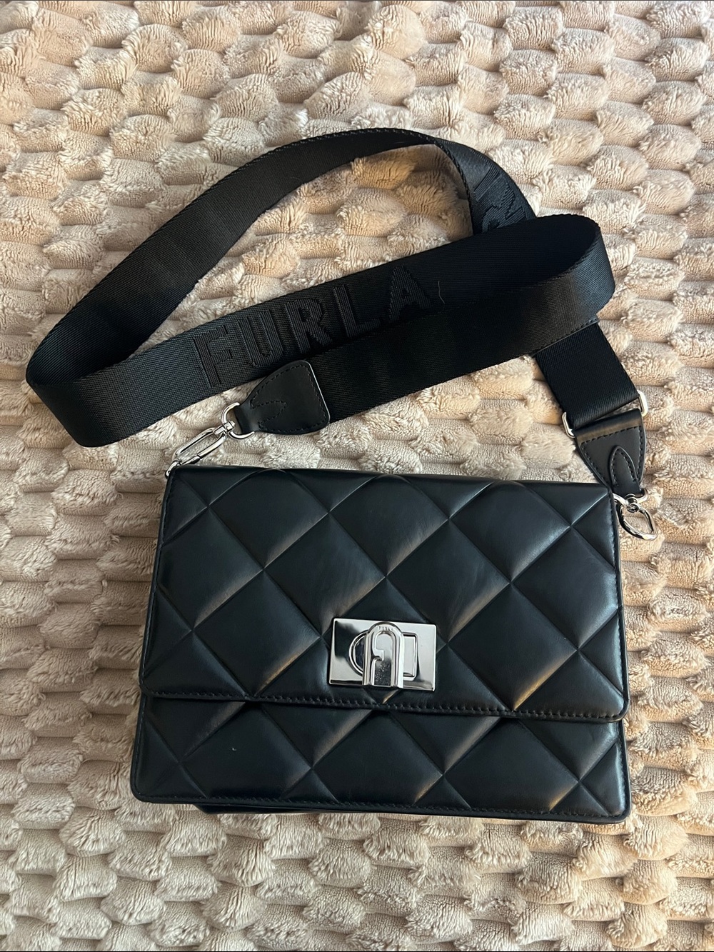 Furla Black Quilted Leather Crossbody with Wide Logo Strap and Silver Hardware